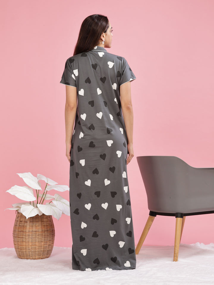 Olive Green Heart Printed Maxi Nighty with Side Pocket and Short Sleeves