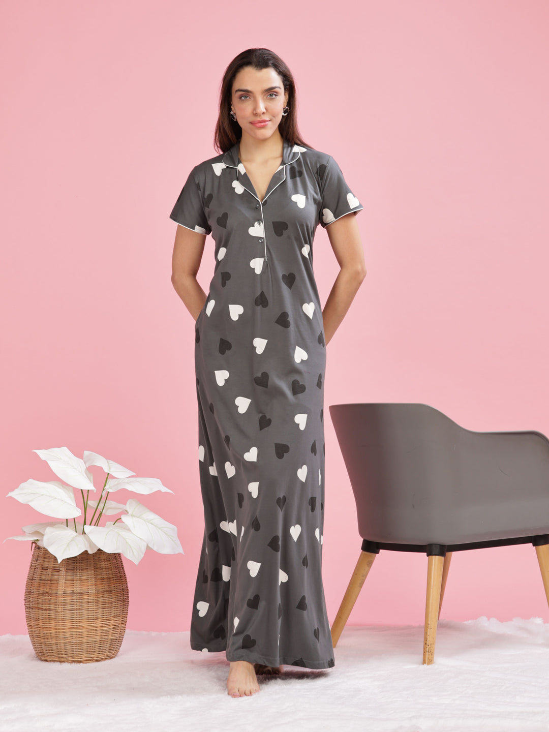 Olive Green Heart Printed Maxi Nighty with Side Pocket and Short Sleeves