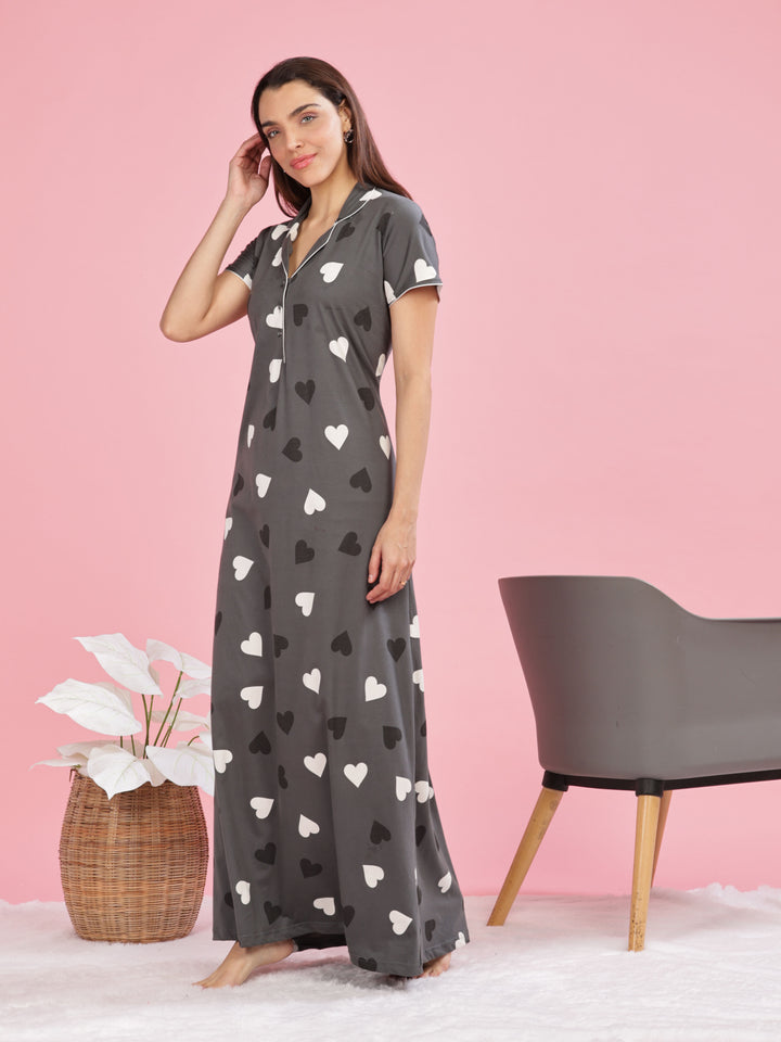 Olive Green Heart Printed Maxi Nighty with Side Pocket and Short Sleeves