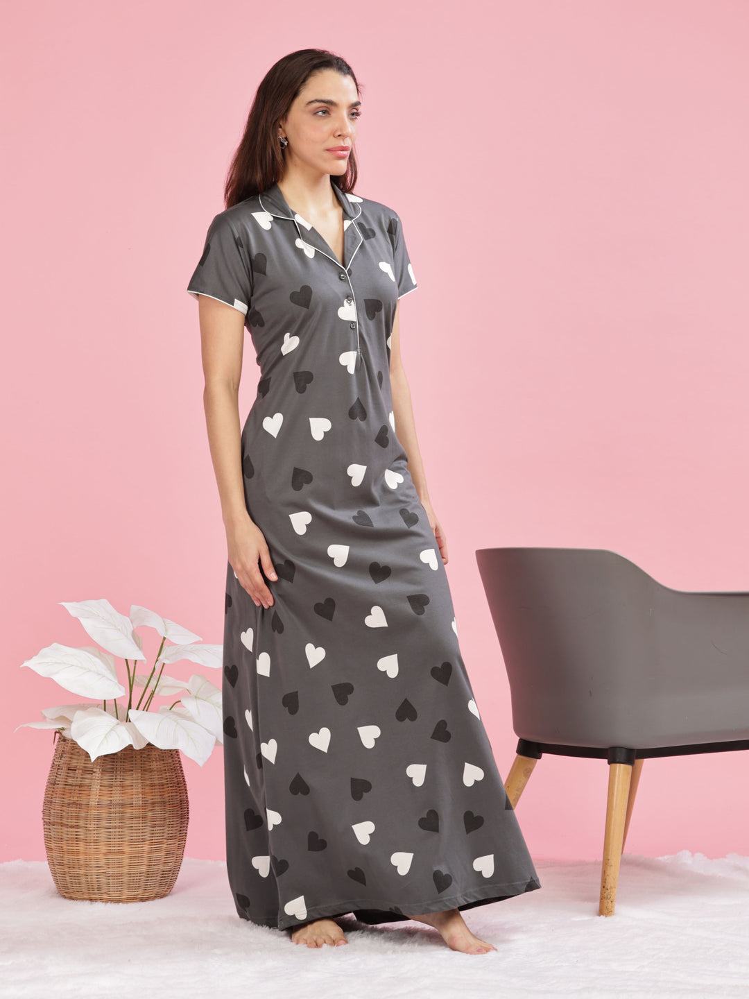 Olive Green Heart Printed Maxi Nighty with Side Pocket and Short Sleeves