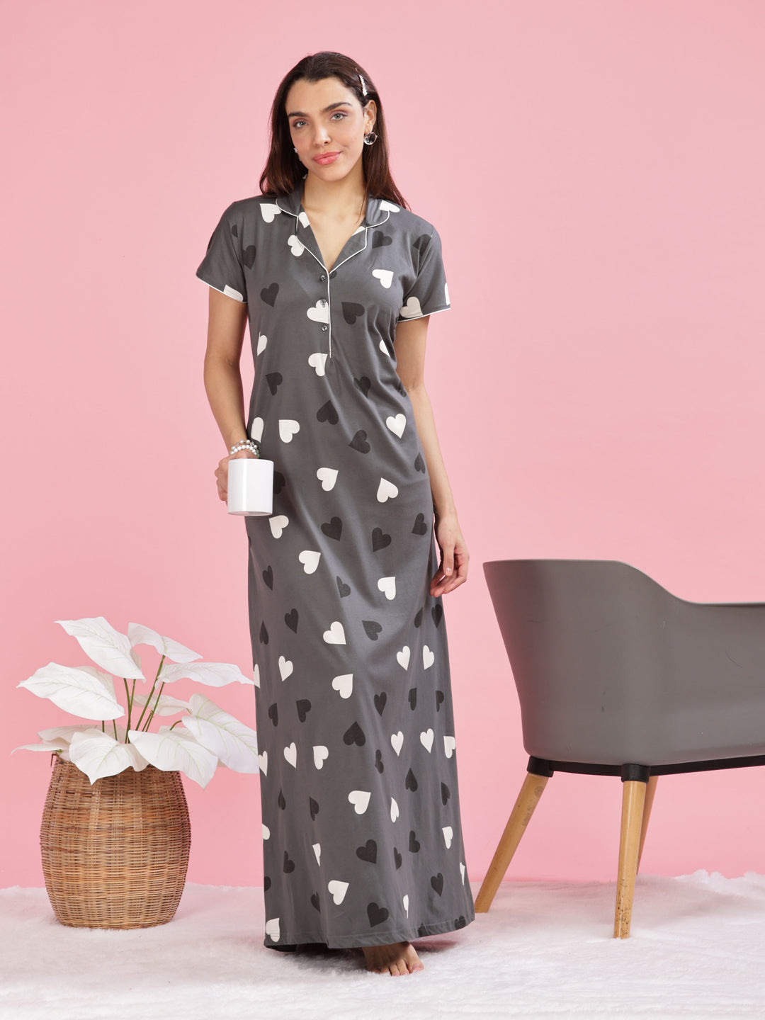 Olive Green Heart Printed Maxi Nighty with Side Pocket and Short Sleeves