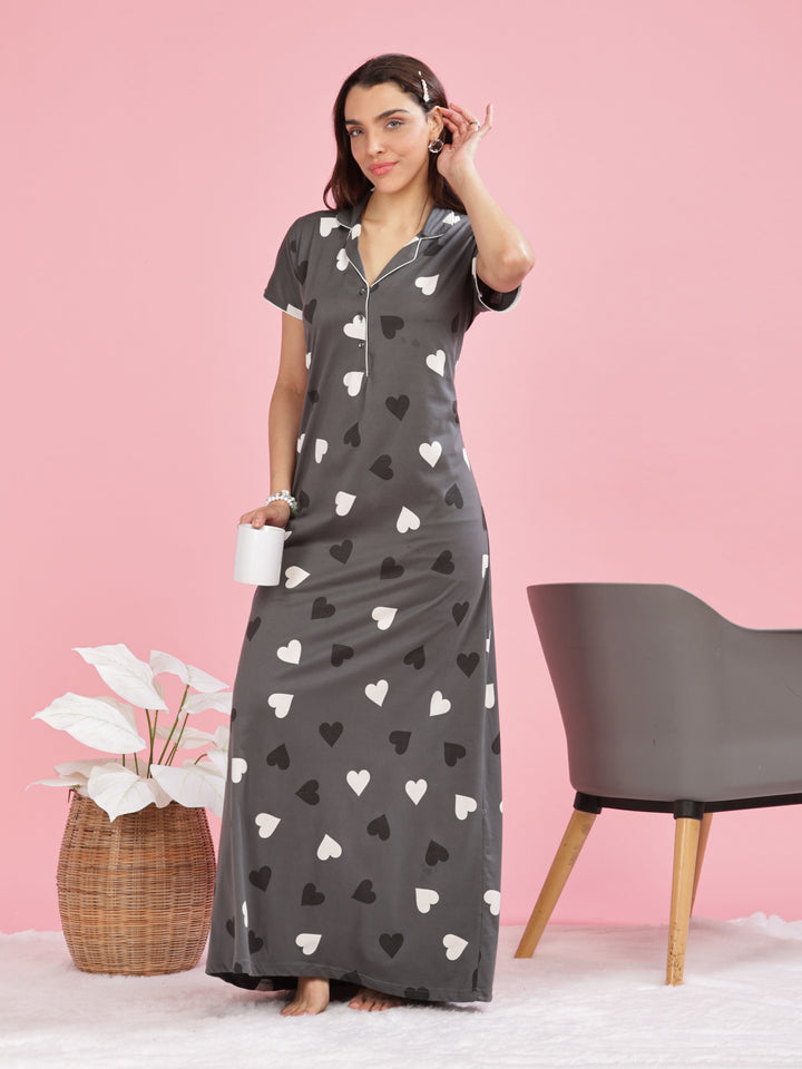 Olive Green Heart Printed Maxi Nighty with Side Pocket and Short Sleeves