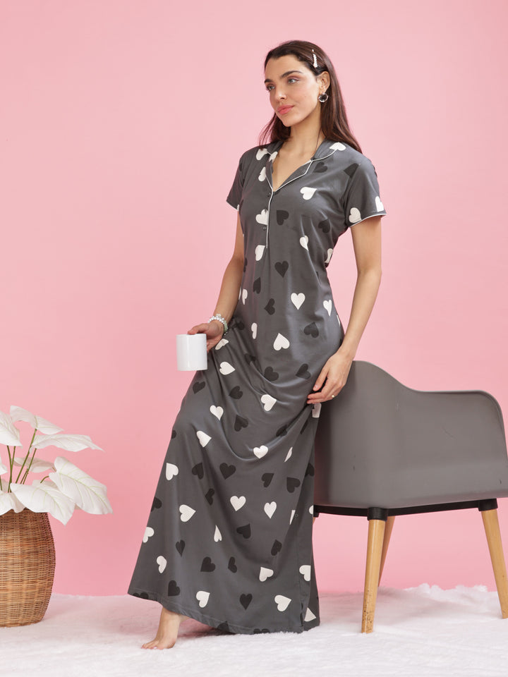 Olive Green Heart Printed Maxi Nighty with Side Pocket and Short Sleeves