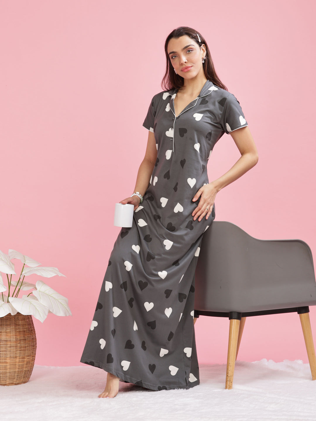 Olive Green Heart Printed Maxi Nighty with Side Pocket and Short Sleeves