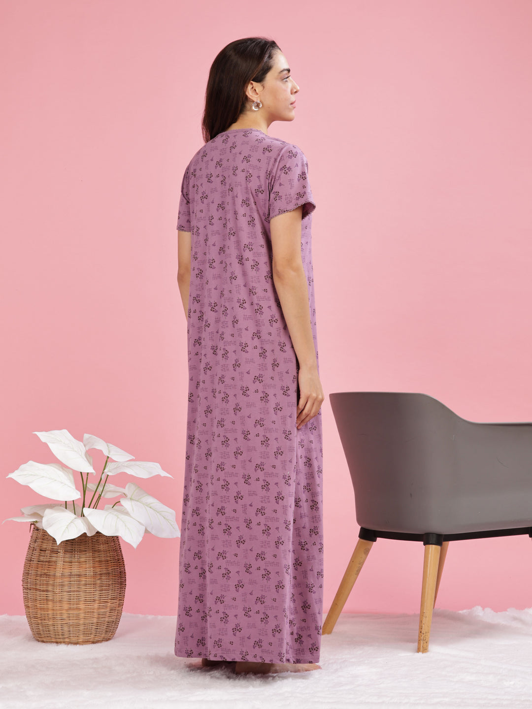 Purple Cotton Blend Nighty with Elegant Floral Embroidery Details