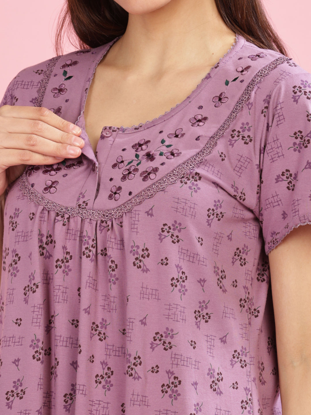 Purple Cotton Blend Nighty with Elegant Floral Embroidery Details