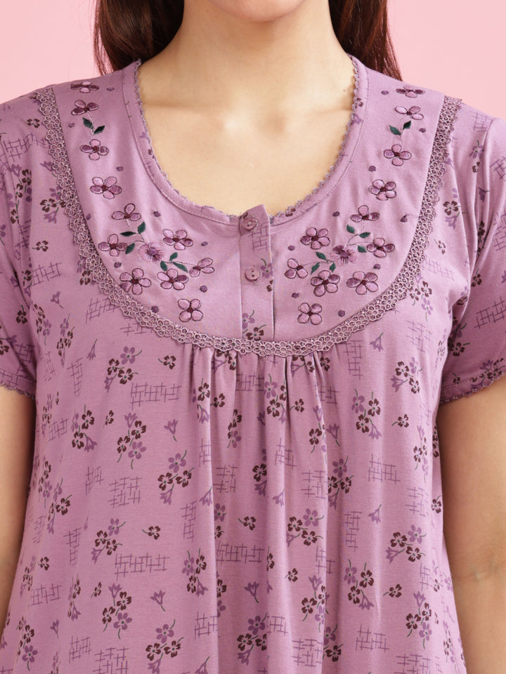 Purple Cotton Blend Nighty with Elegant Floral Embroidery Details