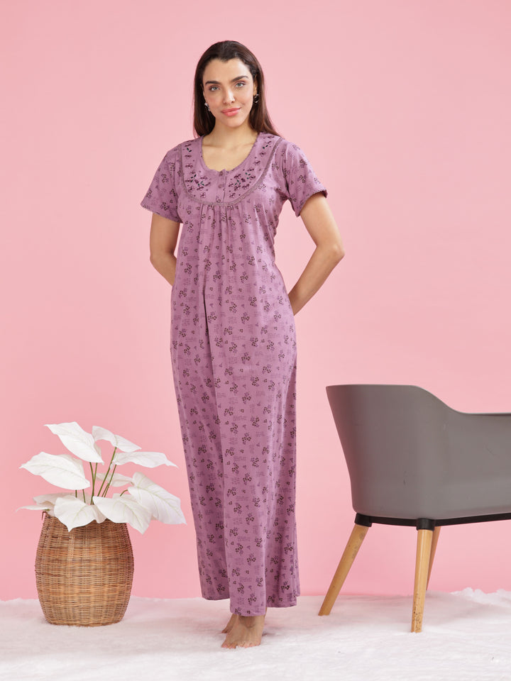 Purple Cotton Blend Nighty with Elegant Floral Embroidery Details