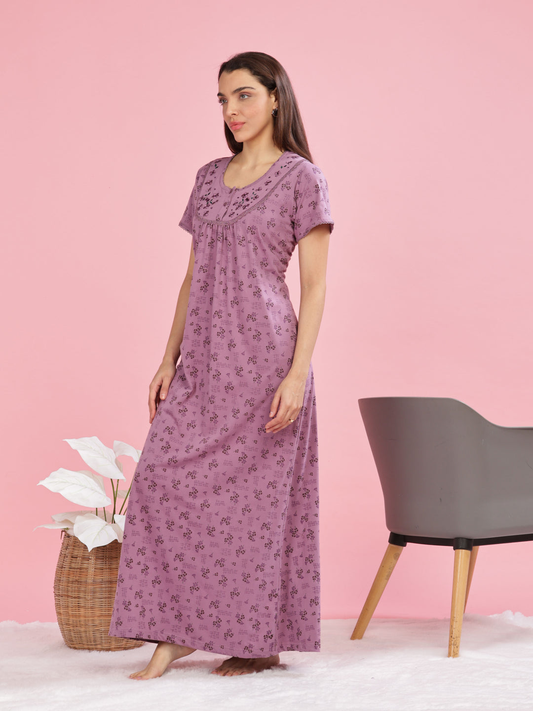 Purple Cotton Blend Nighty with Elegant Floral Embroidery Details