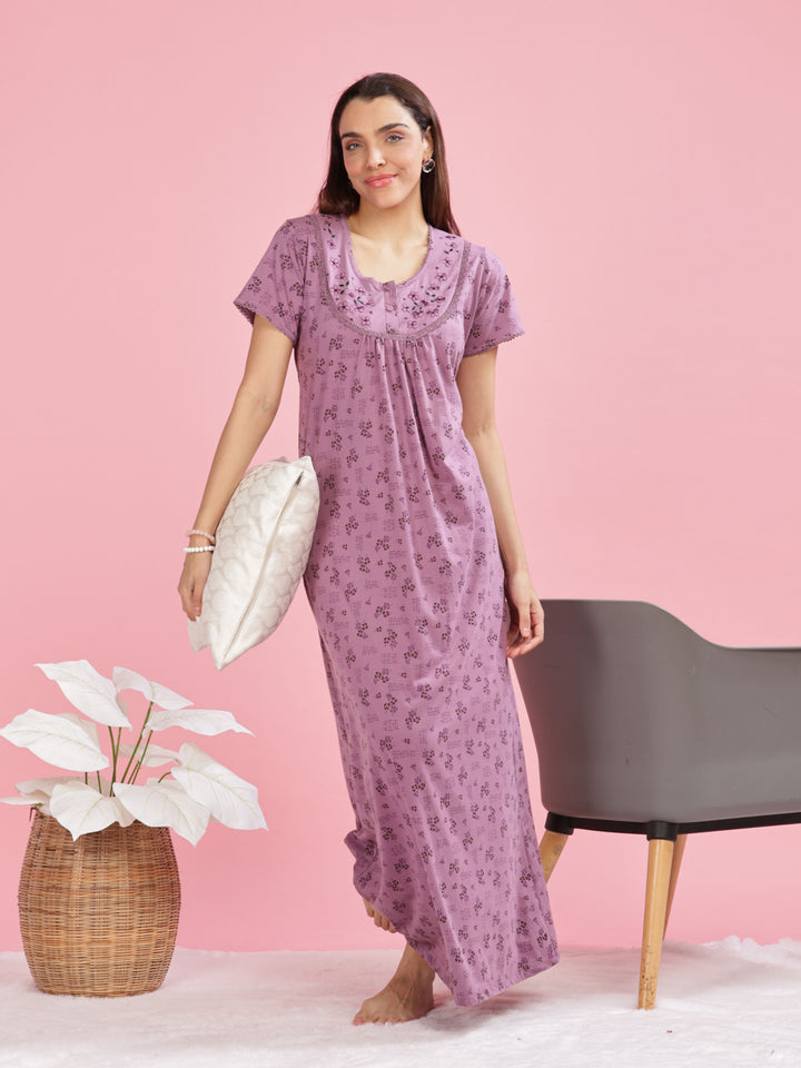 Purple Cotton Blend Nighty with Elegant Floral Embroidery Details