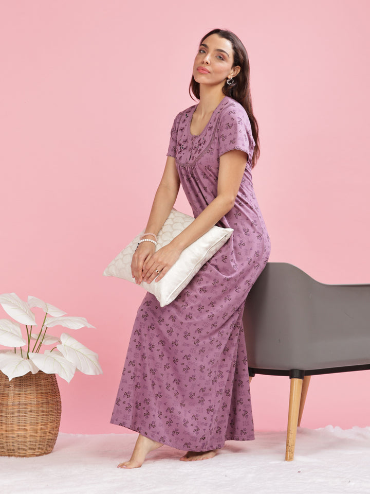 Purple Cotton Blend Nighty with Elegant Floral Embroidery Details