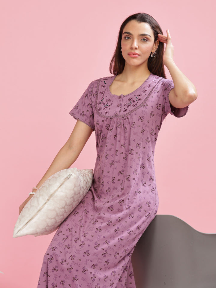 Purple Cotton Blend Nighty with Elegant Floral Embroidery Details