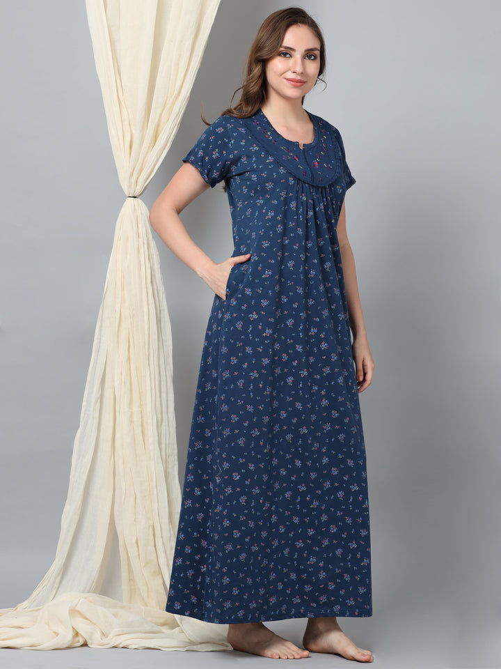  Cotton Blend Nighty  Luxurious Comfort: Lovely Long Gown Jet Blue Designer Wear- 9shines label 