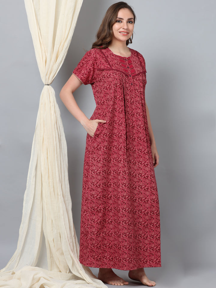  Micro Poly Viscose Nighty  Discover Luxury Red: Half Sleeve Long Gown Lightweight Bliss- 9shines label 