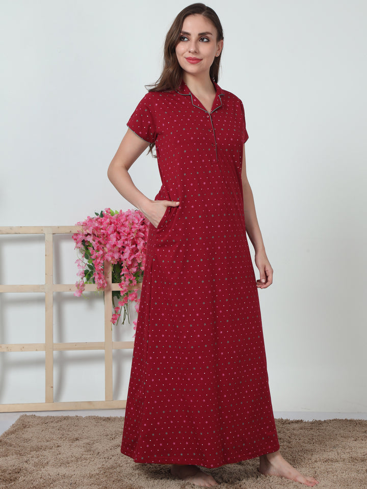 Red Hosiery Cotton Designer Nightie Online For Women