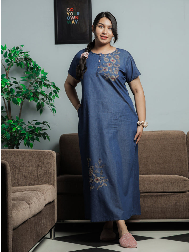  Denim Nighty  Shop Latest Dark Blue Embroidery Nighty Online in India- 9shines label 