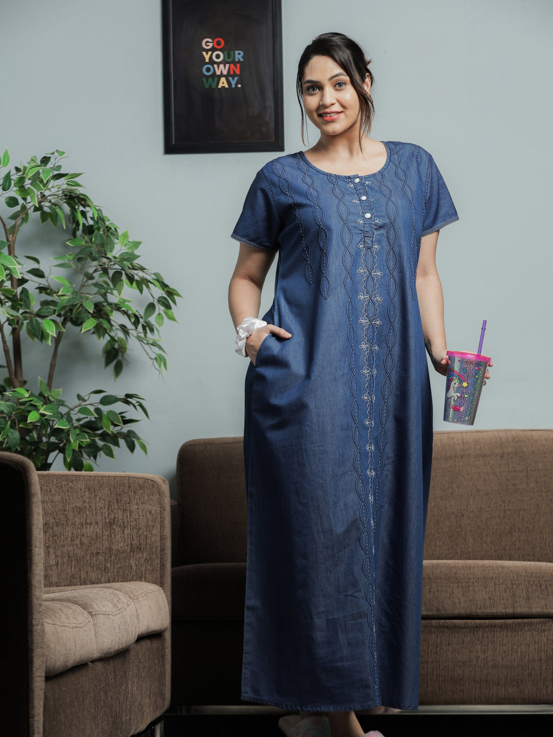 Premium Denim Designer Nighty Spiral Puff Dark Blue