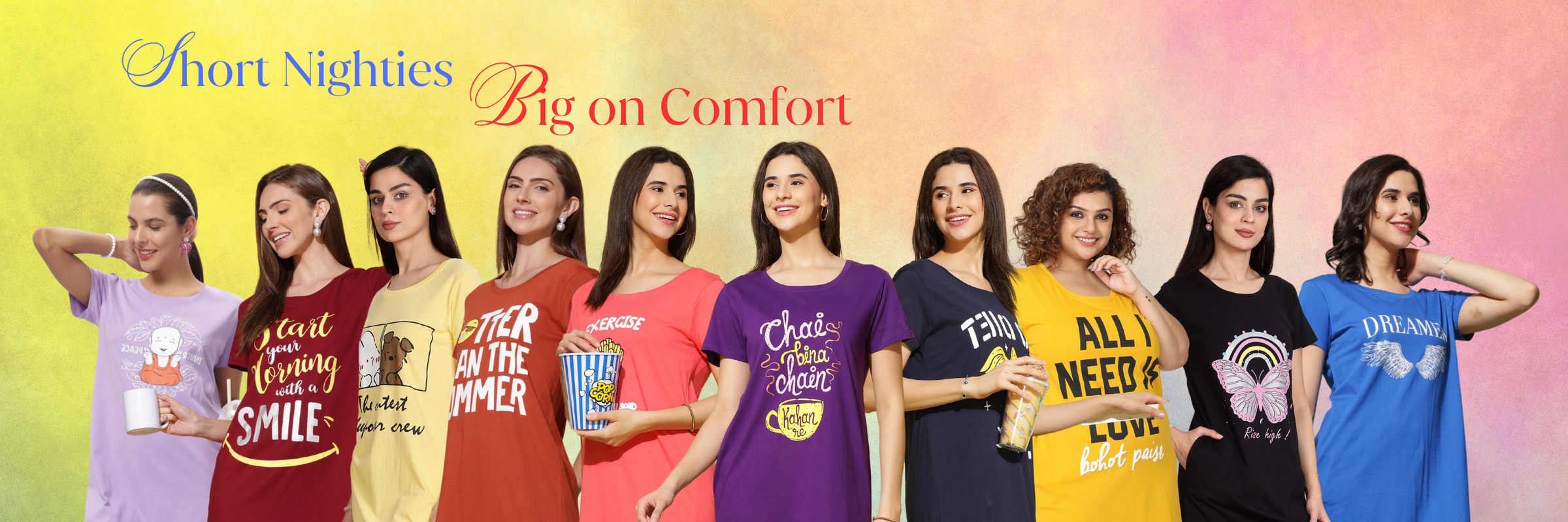 Short cotton nighties for women in vibrant colors. Soft, breathable fabric with a loose fit, perfect for lounging and sleeping. Sizes M to 7XL available.