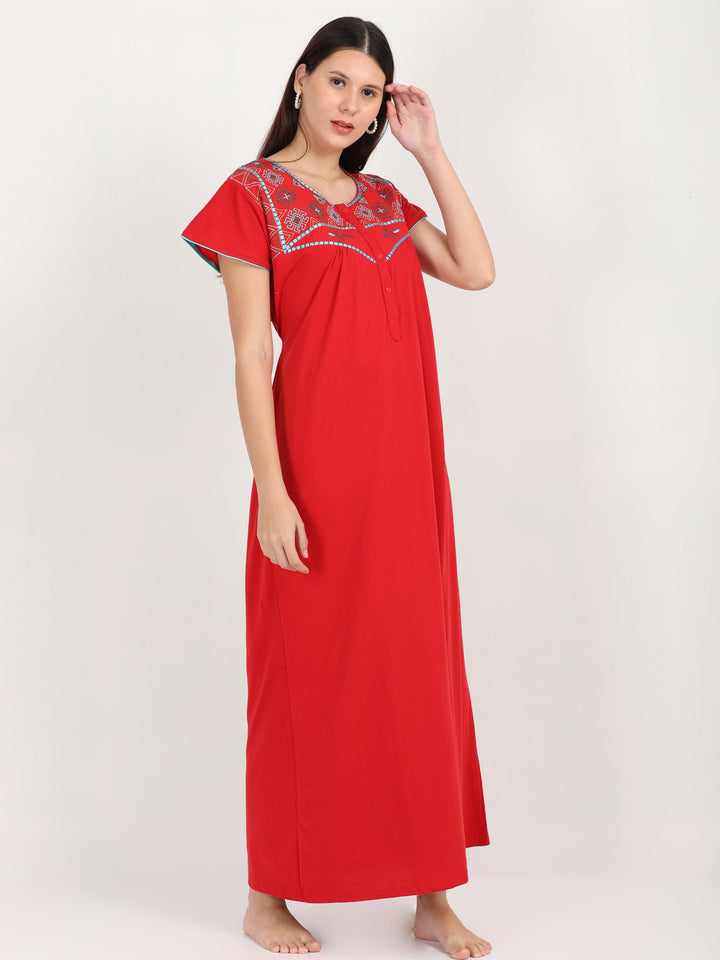  Cotton Blend Nighty  Deep Red Cotton Blend Designer Nighty | Red Nighty- 9shines label 