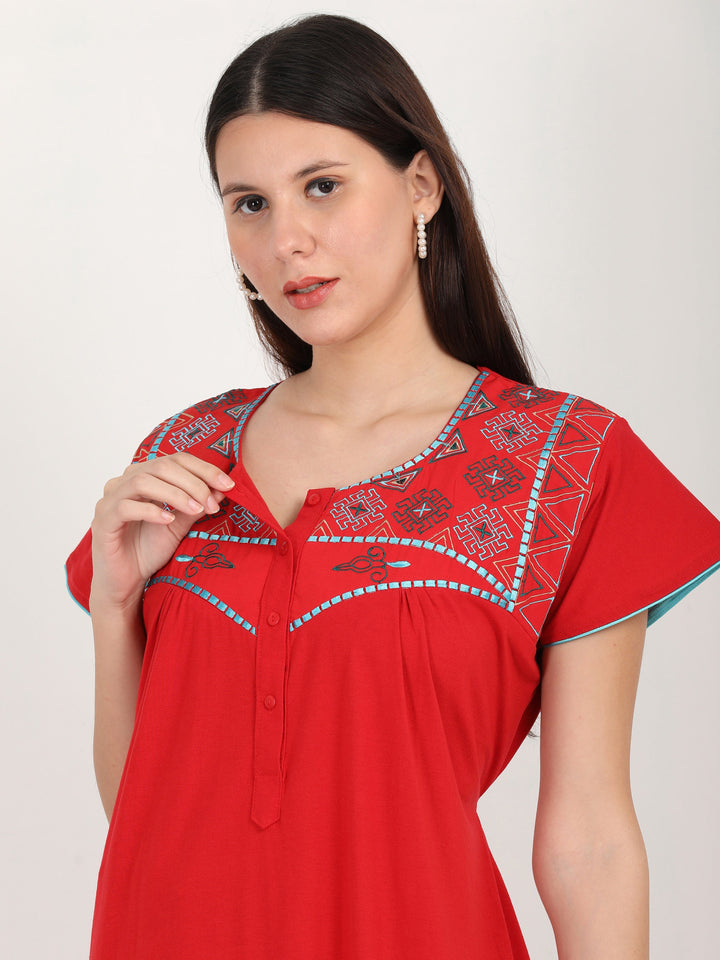  Cotton Blend Nighty  Deep Red Cotton Blend Designer Nighty | Red Nighty- 9shines label 