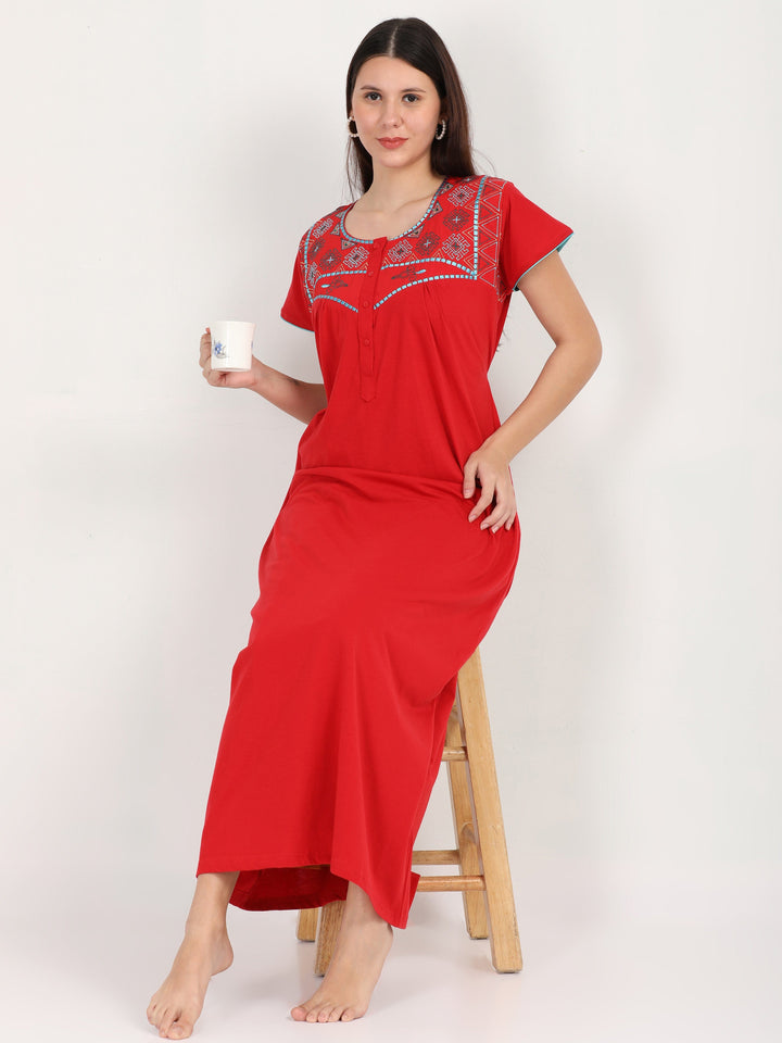  Cotton Blend Nighty  Deep Red Cotton Blend Designer Nighty | Red Nighty- 9shines label 